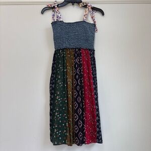 Young Threads Patchwork Smocked Short Mini Dress Floral Tie Strap Size S NWT